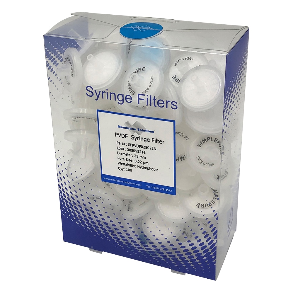 Membrane Solutions シリンジフィルター(疎水性)PVDF φ25mm/φ0.22μm 1箱(100個入) PVDF025022 1箱(ご注文単位1箱)【直送品】