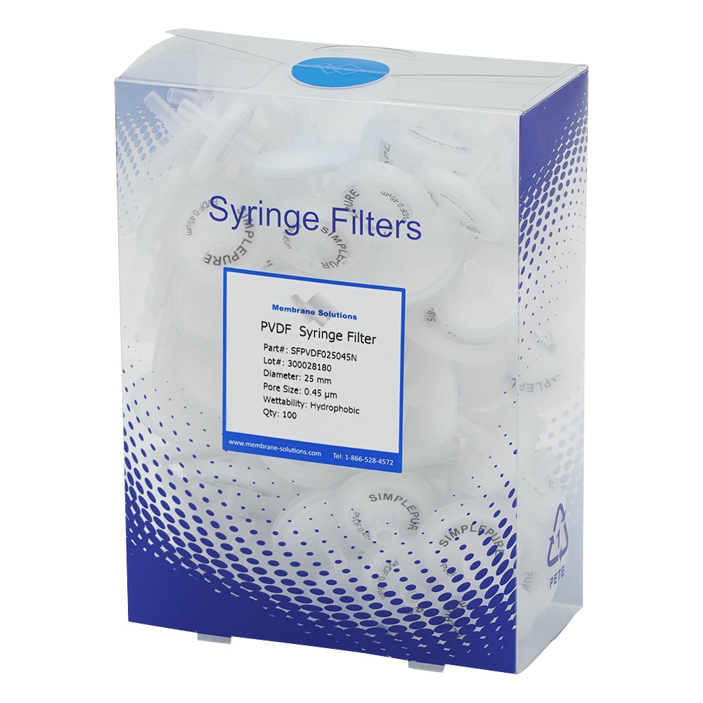 Membrane Solutions シリンジフィルター(疎水性)PVDF φ25mm/φ0.45μm 1箱(100個入) PVDF025045 1箱(ご注文単位1箱)【直送品】