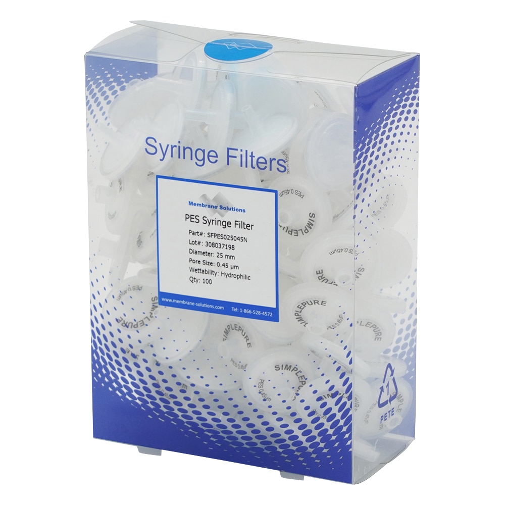Membrane Solutions シリンジフィルター(親水性)PES φ25mm/φ0.45μm 1箱(100個入) PES025045 1箱(ご注文単位1箱)【直送品】