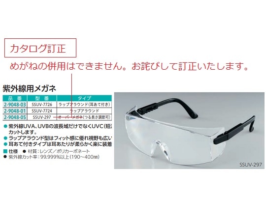 アズワン 紫外線用メガネ つる長さ調節可タイプSSUV-297 1個 (ご注文単位1個) 【直送品】