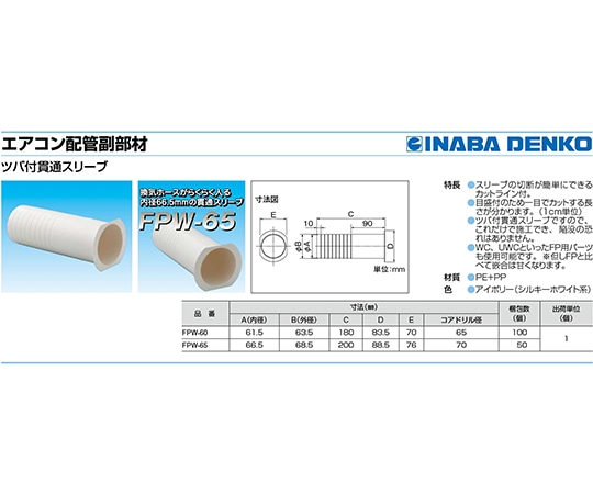 因幡電工 ツバ付貫通スリーブFPW-65 1個 (ご注文単位1個) 【直送品】