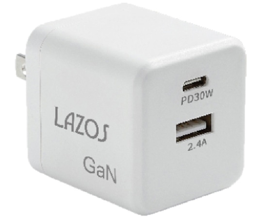 Lazos 窒化ガリウムAC充電器 2口 C (PD) +Aポート 30WL-AC-G30 1個 (ご注文単位1個) 【直送品】