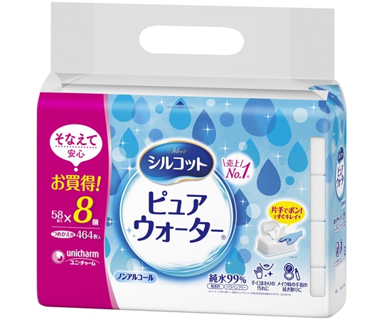 ユニ・チャーム シルコット ピュアウォーターウェットティシュ 詰替 58枚×8個パック 1個 (ご注文単位1個) 【直送品】