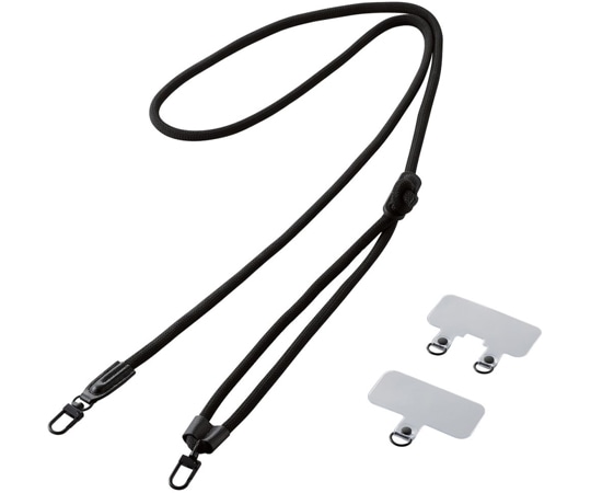 エレコム スマホショルダーストラップ ストラップホールシート付属 (1口タイプ×1枚/2口タイプ×1枚) 丸紐タイプ 6mm ブラックP-STSDH2R06BK 1本 (ご注文単位1本) 【直送品】