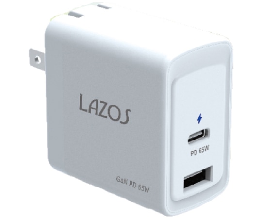 Lazos 窒化ガリウムAC充電器 2口 C (PD) ＋Aポート 65WL-AC-G65 1個 (ご注文単位1個) 【直送品】
