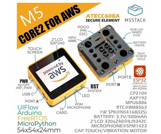 M5Stack M5Stack Core2 for AWS ESP32 IoT開発キットM5STACK-K010-AWS 1個 (ご注文単位1個) 【直送品】