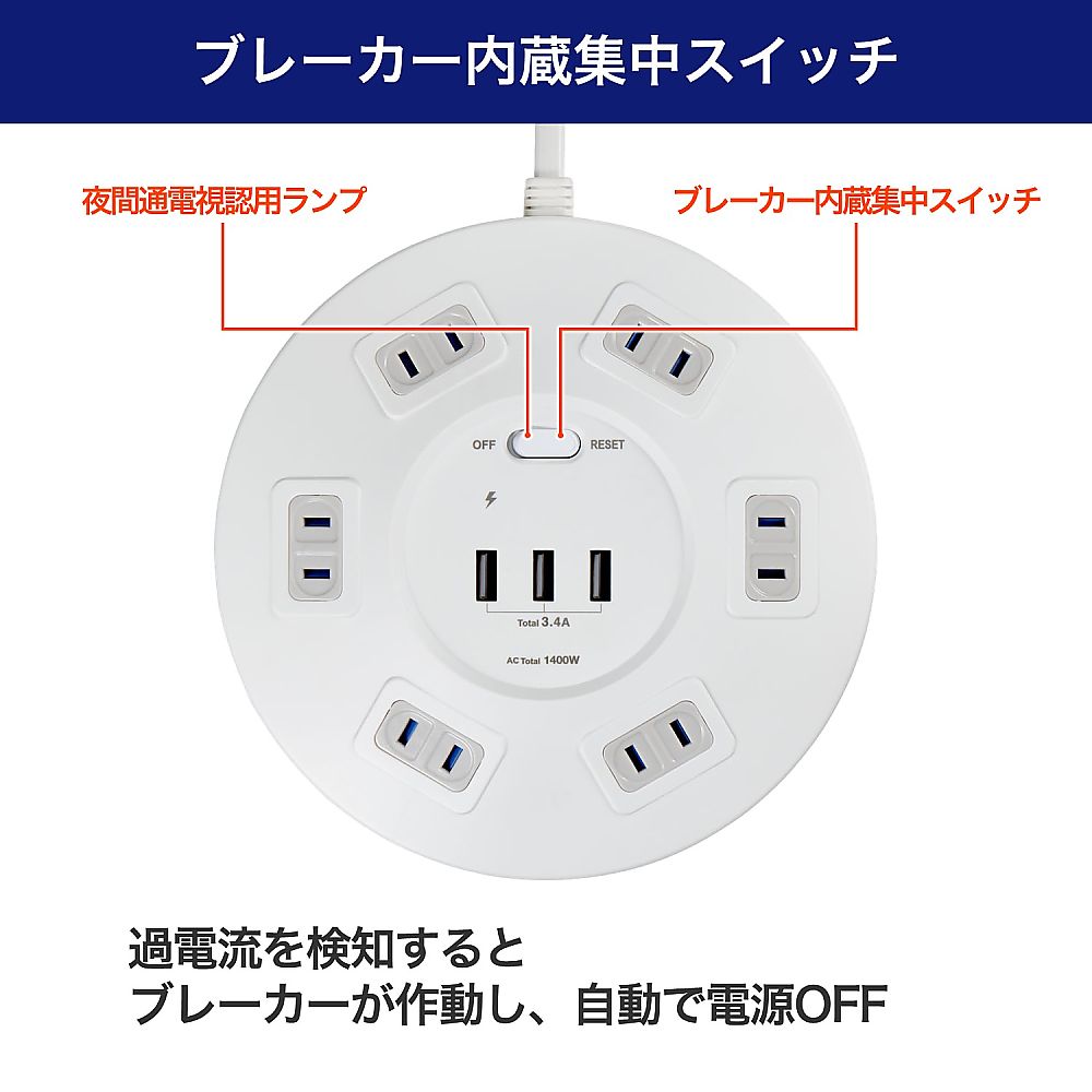 ELPA 丸形USBタップ6PWLS-R6332BUA (W) 1個 (ご注文単位1個) 【直送品】