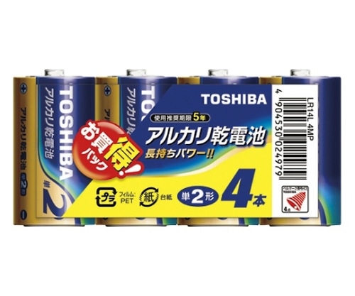 東芝 アルカリ乾電池 シュリンクパック 単2形 4本入 LR14L 4MP 1パック(ご注文単位1パック)【直送品】