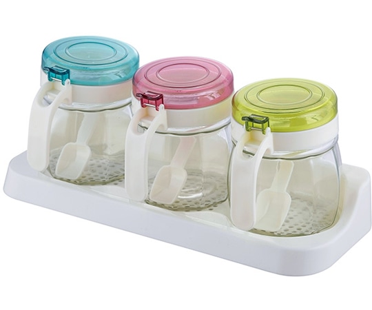 セーブインダストリー ガラス製 カラフル調味料カップ 3P スプーン付き SV-6315 1個（ご注文単位1個）【直送品】