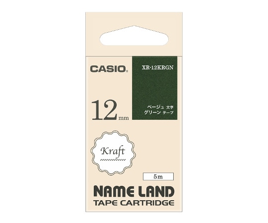 カシオ ネームランド用クラフトテープ 12mm幅(グリーンにベージュ文字) XR-12KRGN 1個(ご注文単位1個)【直送品】