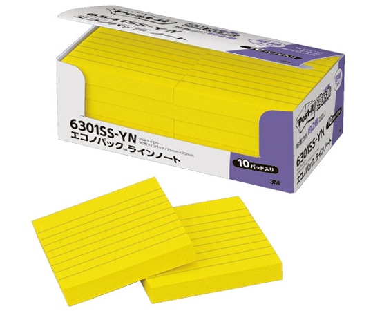 スリーエム ポスト・イット エコノパック 強粘着ノート 罫線入り ビビットイエロー 90枚×10パッド入 6301SS-YN 1箱(ご注文単位1箱)【直送品】