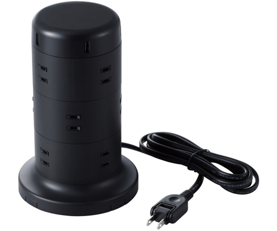 エレコム タワー型タップ 12個口 雷サージ付 ホコリ防止シャッター付 固定可能 5ポート合計出力4.8A 2.0m ブラック TT-U02-1220BK 1個(ご注文単位1個)【直送品】