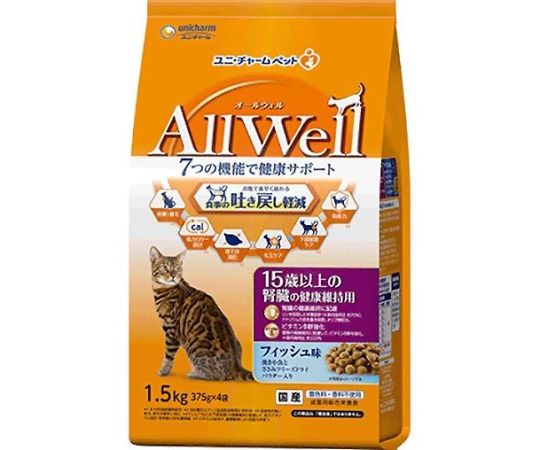 ユニ・チャーム AllWell15歳以上の腎臓の健康維持用フィッシュ味挽き小魚とささみフリーズドライパウダー入り1.5kg 65354 1個（ご注文単位1個）【直送品】