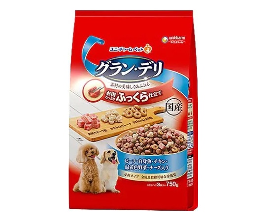 ユニ・チャーム グラン・デリ ふっくら仕立て ビーフ・白身魚・チキン・緑黄色野菜・チーズ・角切りビーフ粒入り 750g  1個（ご注文単位1個）【直送品】