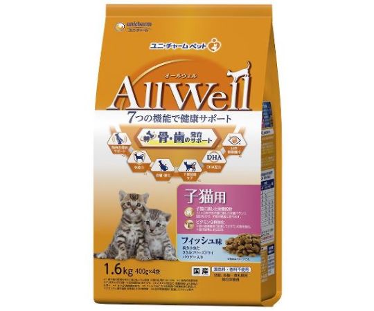 ユニ・チャーム AllWell健康に育つ子猫用フィッシュ味挽き小魚とささみのフリーズドライパウダー入り1.6kg 65371 1個（ご注文単位1個）【直送品】
