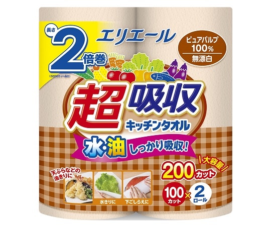 エリエール(大王製紙) エリエール超吸収キッチンタオル 無漂白2ロール入(100カット)/パック×24パック入 21000995 1ケース(ご注文単位1ケース)【直送品】