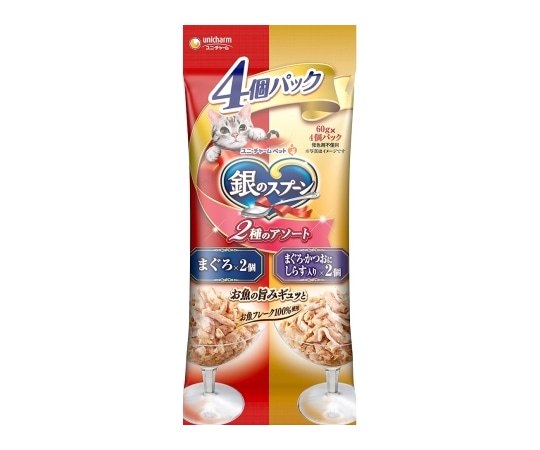 ユニ・チャーム 銀のスプーン パウチ 2種のアソート まぐろ・かつおにしらす入り 60g×4個  1個（ご注文単位1個）【直送品】