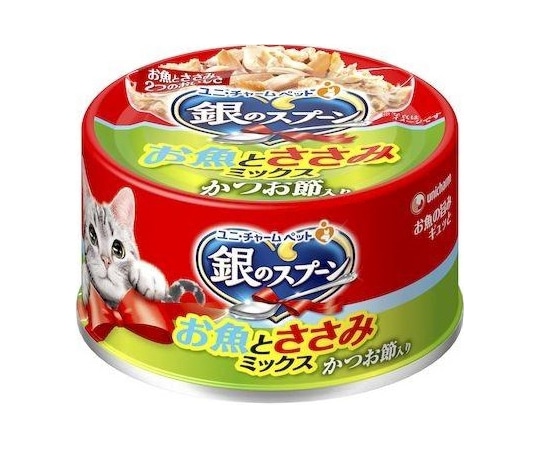ユニ・チャーム 銀のスプーン 缶 お魚とささみミックスかつお節入り 70g  1個（ご注文単位1個）【直送品】