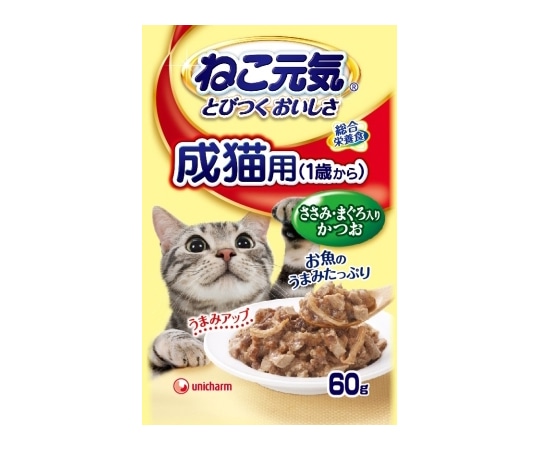 ユニ・チャーム ねこ元気総合栄養食パウチ 成猫用(1歳から)ささみ・まぐろ入りかつお 60g  1個（ご注文単位1個）【直送品】