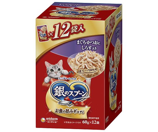 ユニ・チャーム 銀のスプーンパウチ まぐろ・かつおにしらす入り 60gx12個 69918 1箱（ご注文単位1箱）【直送品】