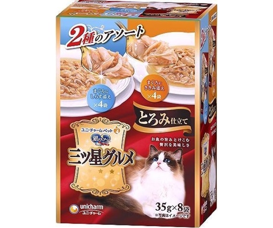 ユニ・チャーム 銀のスプーン 三ツ星グルメ パウチとろみ仕立て まぐろにしらす添え&まぐろにささみ添え 35g×8袋  1個（ご注文単位1個）【直送品】