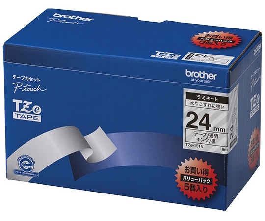 ブラザー ピータッチ ラミネートテープ 幅24mm(黒文字/透明/お得5本パック) TZe-151V 1パック(ご注文単位1パック)【直送品】