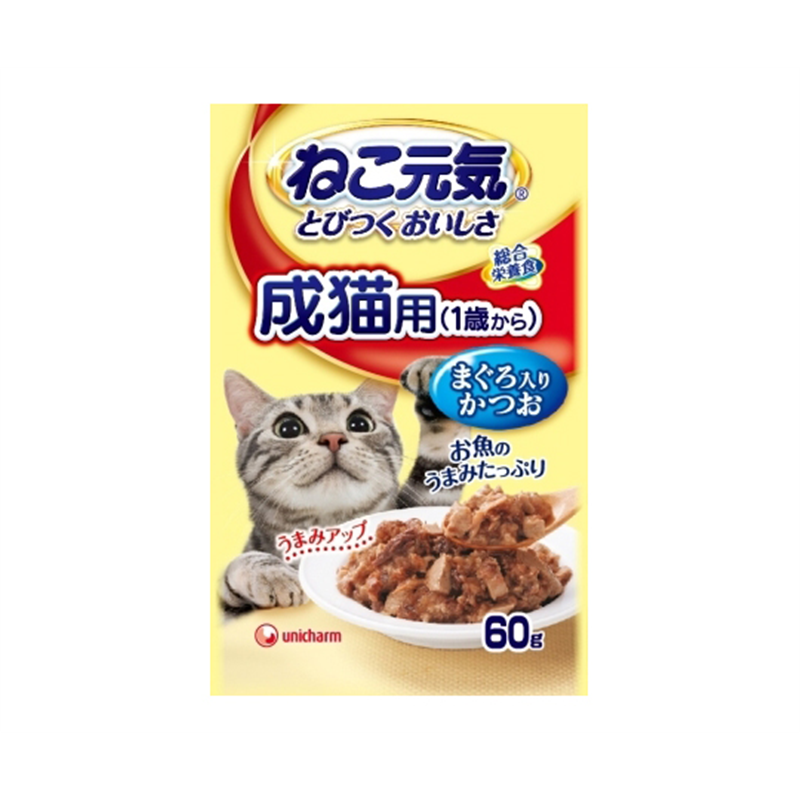 ユニ・チャーム ねこ元気総合栄養食パウチ 成猫用(1歳から)まぐろ入りかつお 60g  1個（ご注文単位1個）【直送品】