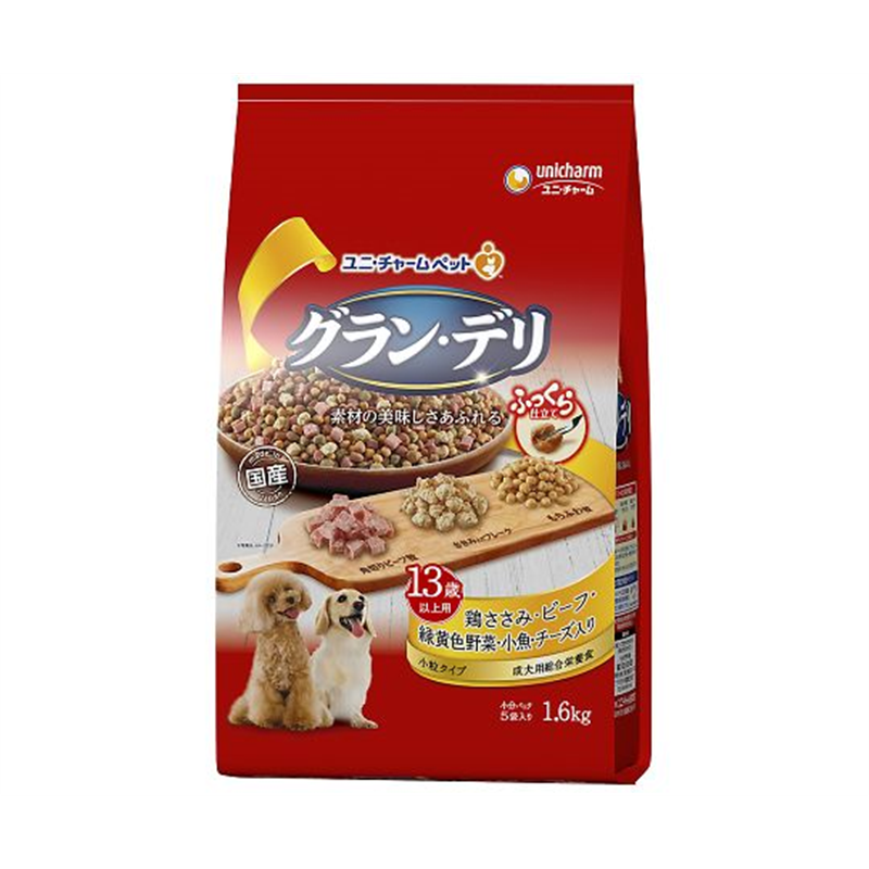 ユニ・チャーム グランデリ ふっくら仕立て 13歳以上用 鶏ささみ・ビーフ・緑黄色野菜・小魚・チーズ・角切りビーフ粒入り 1.6kg 65705 1個（ご注文単位1個）【直送品】