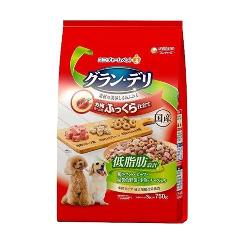 ユニ・チャーム グラン・デリ ふっくら仕立て 低脂肪 鶏ささみ・ビーフ・緑黄色野菜・小魚・チーズ・角切りビーフ粒入 750g  1個（ご注文単位1個）【直送品】
