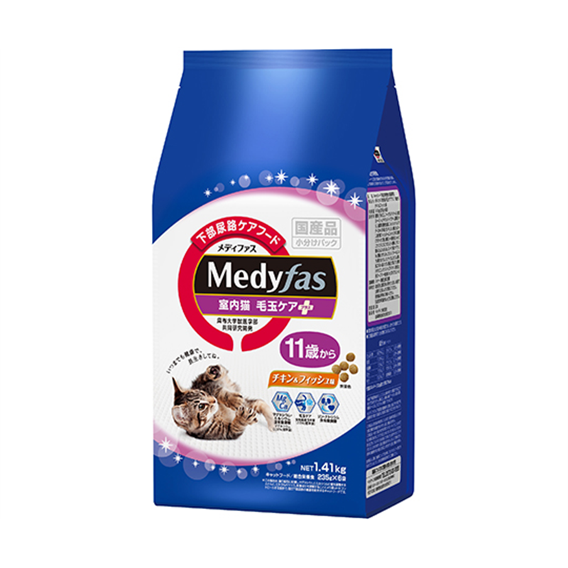 ペットライン メディファス 室内猫 毛玉ケアプラス 11歳から チキン&フィッシュ味 1.41kg(235g×6袋)  1パック（ご注文単位1パック）【直送品】
