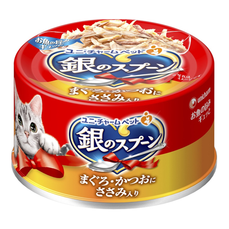 ユニ・チャーム 銀のスプーン 缶 まぐろ・かつおにささみ入り 70g  1個（ご注文単位1個）【直送品】