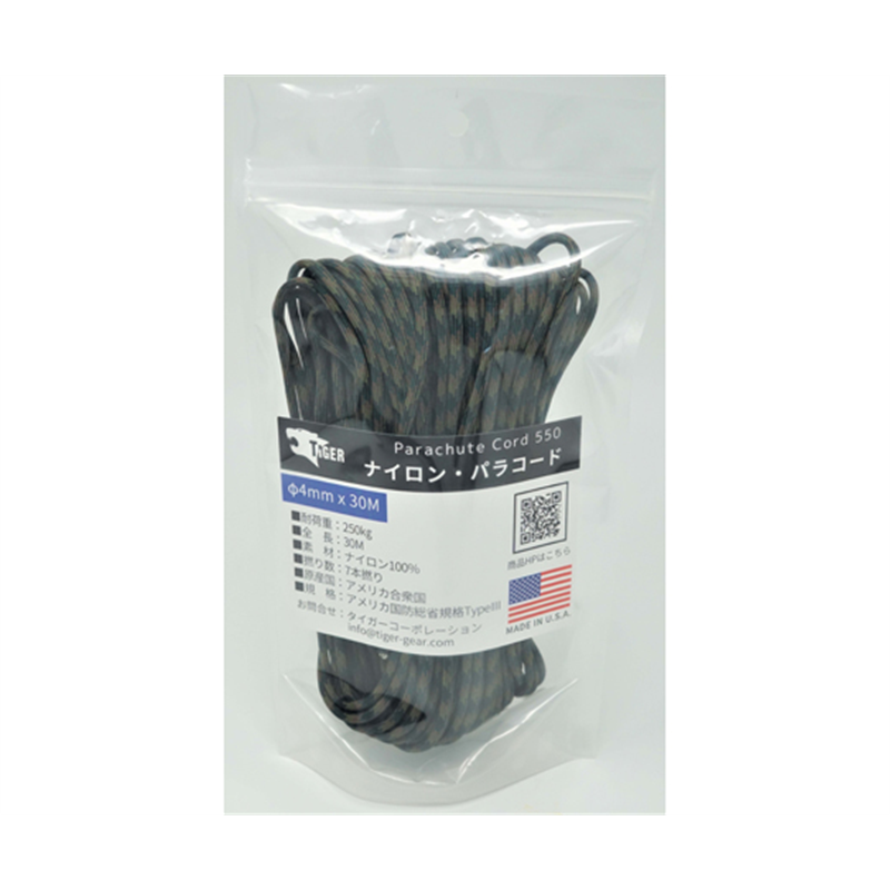 TIGER（タイガー） パラコード ウッドランドカモ 30m×4mm S-500 1本（ご注文単位1本）【直送品】