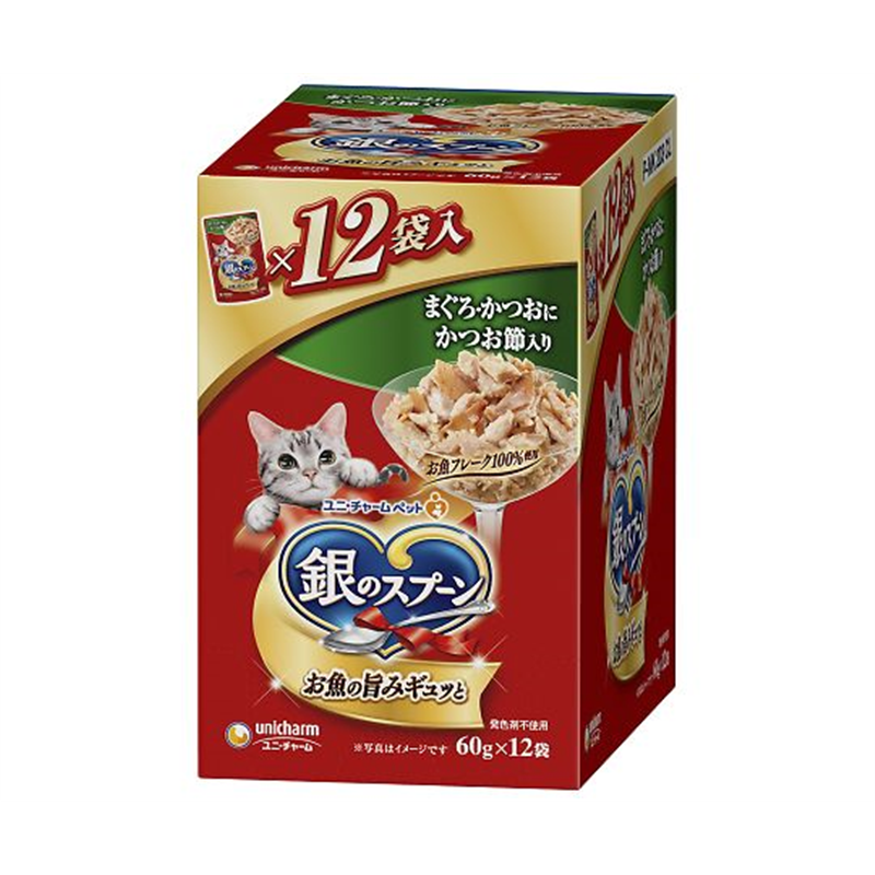 ユニ・チャーム 銀のスプーンパウチ まぐろ・かつおにかつお節入り 60gx12個 69901 1箱（ご注文単位1箱）【直送品】