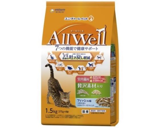 ユニ・チャーム AllWell室内猫用贅沢素材入りフィッシュ味天然小魚とささみフリーズドライ入り1.5kg 65461 1個（ご注文単位1個）【直送品】