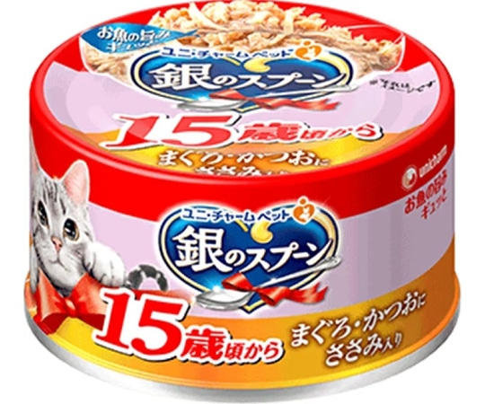 ユニ・チャーム 銀のスプーン 缶 15歳頃から まぐろ・かつおにささみ入り 70g  1個（ご注文単位1個）【直送品】