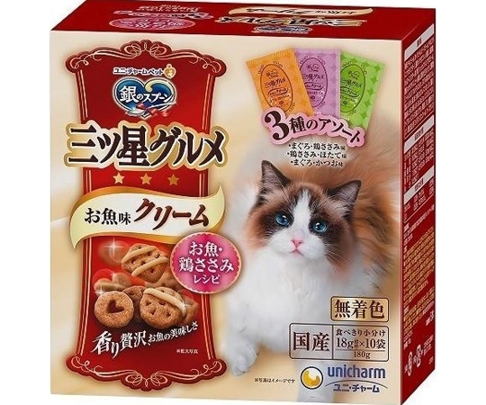 ユニ・チャーム 銀のスプーン三ツ星グルメ お魚味クリーム お魚・鶏ささみレシピ3種のアソート 180g  1個（ご注文単位1個）【直送品】