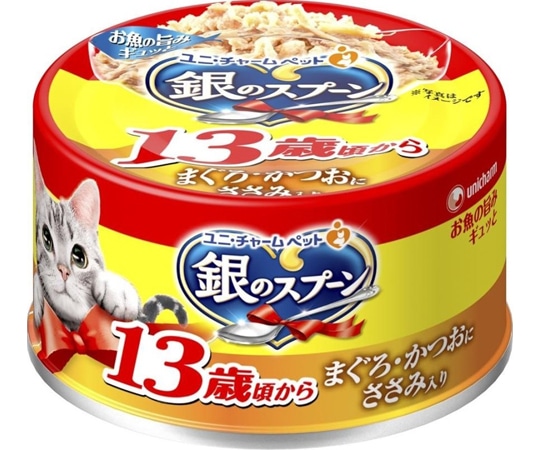 ユニ・チャーム 銀のスプーン 缶 13歳頃から まぐろ・かつおにささみ入り 70g  1個（ご注文単位1個）【直送品】