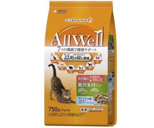 ユニ・チャーム AllWell室内猫用贅沢素材入りフィッシュ味天然小魚とささみフリーズドライ入り750g 65233 1個（ご注文単位1個）【直送品】
