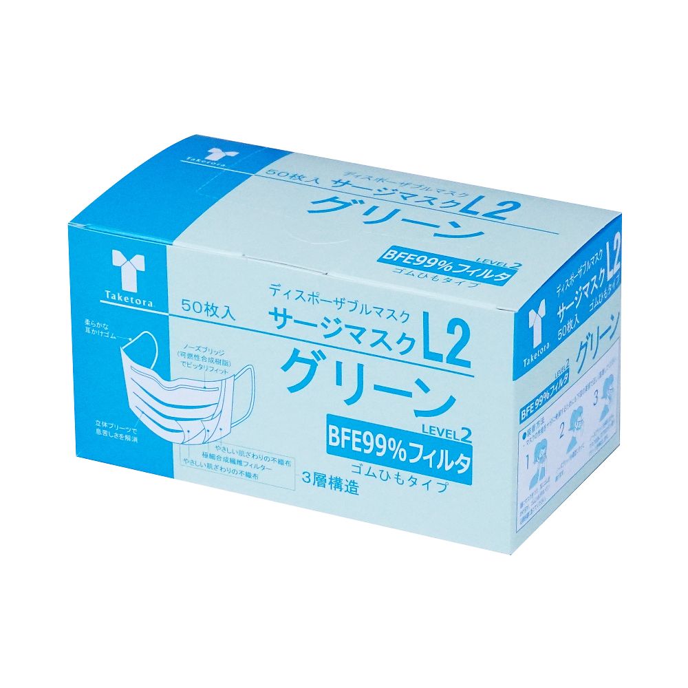竹虎 サージマスクL2 グリーン 1ケース(50枚×10箱入) 076263 1ケース(ご注文単位1ケース)【直送品】