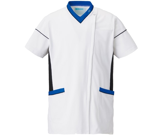 KAZEN スクラブジャケット半袖男女兼 ホワイト×ネイビー×ブルー L 034-21 1枚（ご注文単位1枚）【直送品】