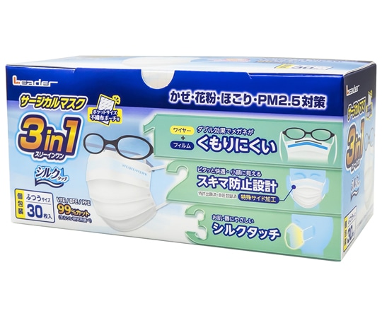 日進医療器 リーダーサージカルマスク 3in1 ふつうサイズ 個包装 シルクタッチ 30枚×30箱入 772312 1ケース（ご注文単位1ケース）【直送品】