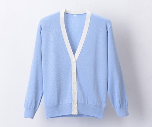 ディーフェイズ 抗ピル配色カーディガン サックス×ホワイト L D-1013 1枚(ご注文単位1枚)【直送品】