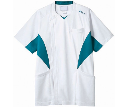 アズワン スクラブ メンズ 半袖 ホワイト×ターコイズ L CHM857-14 L 1枚(ご注文単位1枚)【直送品】