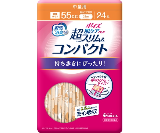 クレシア ポイズ 肌ケアパッド 超スリム&コンパクト 中量用（55cc） 24枚×24パック入 88333 1ケース（ご注文単位1ケース）【直送品】