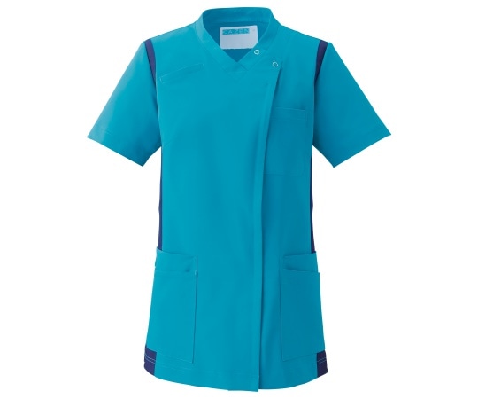 KAZEN レディススクラブ（前開き） ターコイズxネイビー L 972-42 L 1枚（ご注文単位1枚）【直送品】