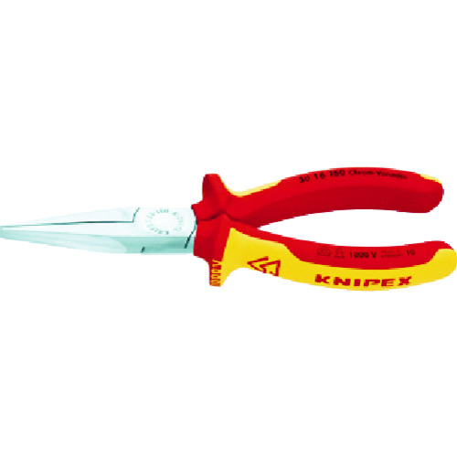 >トラスコ中山 KNIPEX 絶縁1000Vロングノーズプライヤー 先端平型 160mm（ご注文単位1個）【直送品】