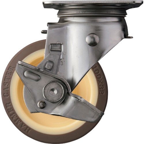トラスコ中山 ハンマー Sシリーズオールステンレス 旋回式ウレタン車輪(ローラーベアリング)100mm ストッパー付 200-4703(ご注文単位1個)【直送品】