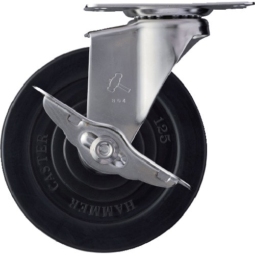 トラスコ中山 ハンマー Eシリーズオールステンレス 旋回式ゴム車輪 125mm ストッパー付(ご注文単位1個)【直送品】