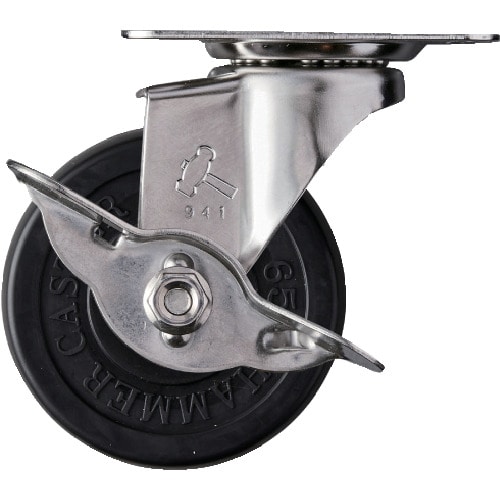 トラスコ中山 ハンマー Eシリーズオールステンレス 旋回式ゴム車輪 65mm ストッパー付(ご注文単位1個)【直送品】