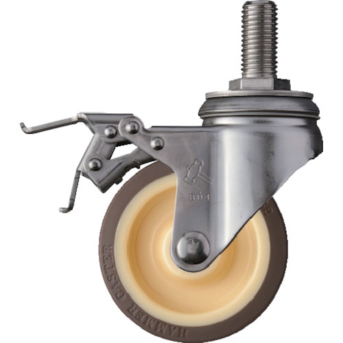 トラスコ中山 ハンマー SAシリーズオールステンレス 旋回式ウレタン車輪(ローラーベアリング)100mm ストッパー付(ご注文単位1個)【直送品】